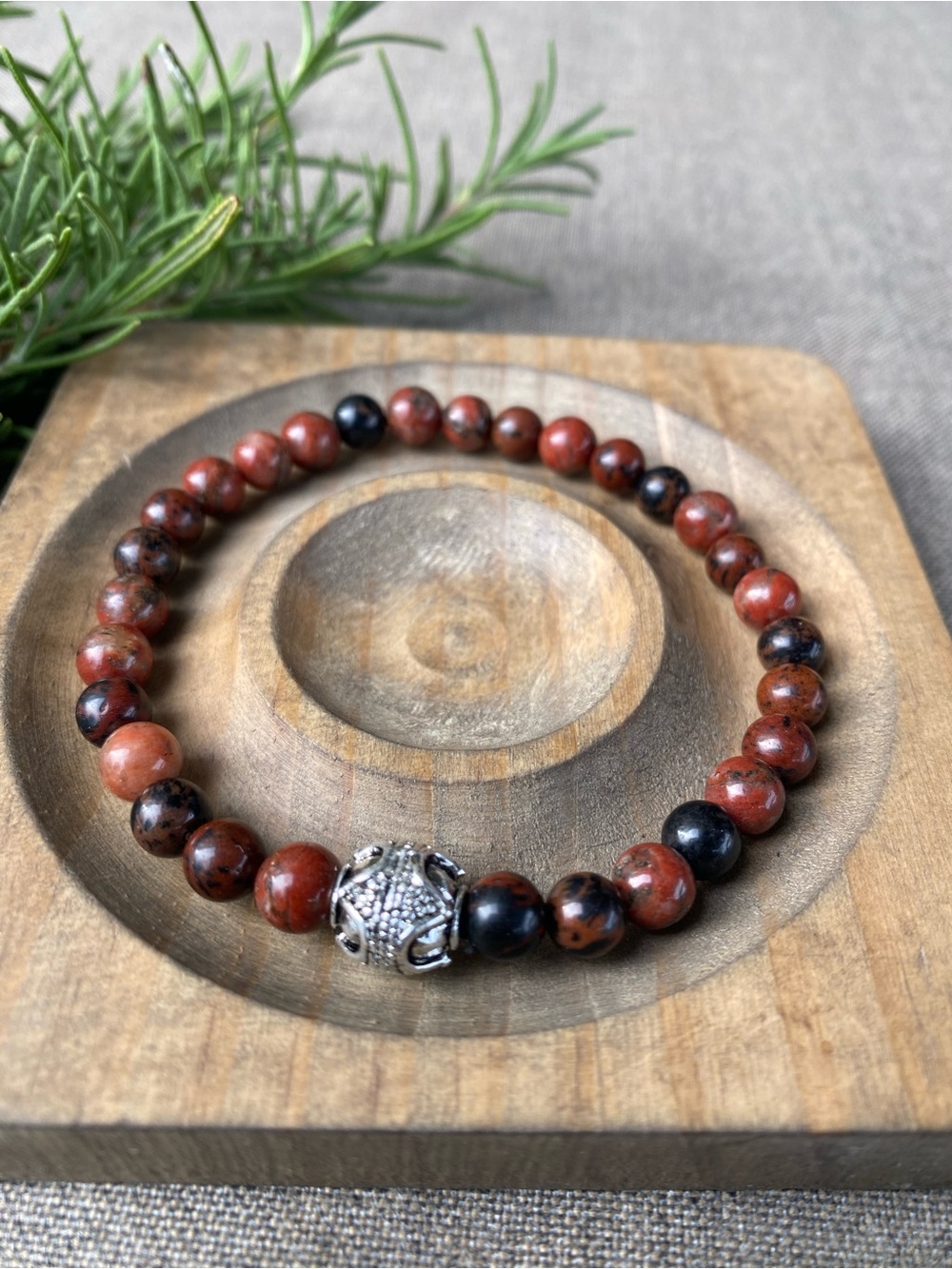 Bali Bead & Stone Stretch Bracelet - Dark Red